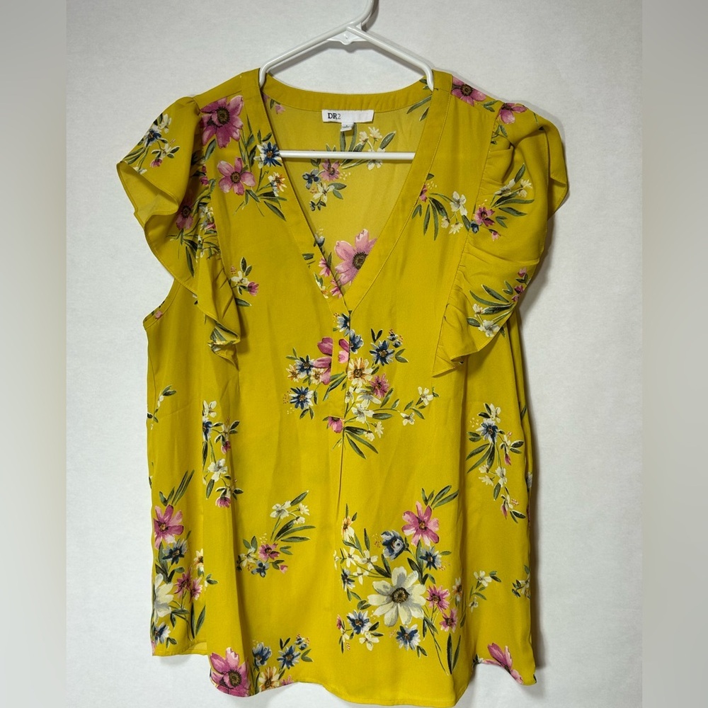DR2 Women's Mustard Floral Blouse with Ruffled Cap Sleeves